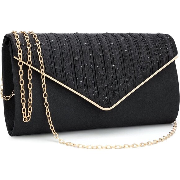 ⚡  Women's Evening Rhinestones Envelope Style Chain Strap Black Clutch Handbag - Picture 1 of 6